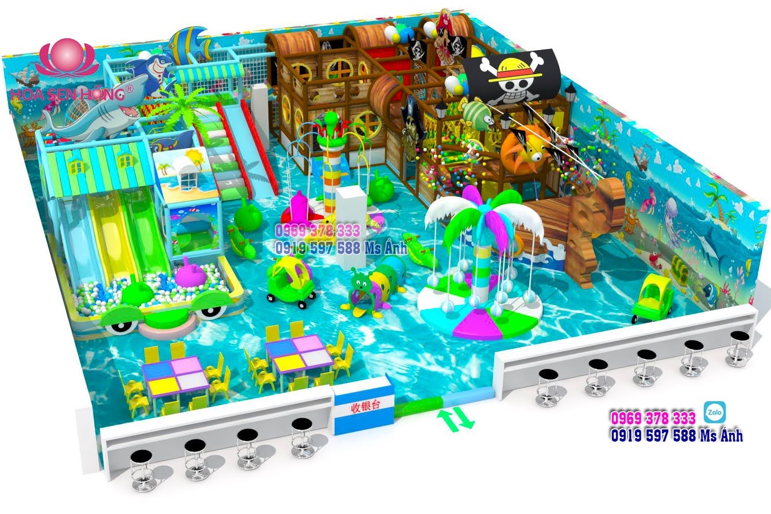 Thiết kế khu vui chơi trẻ em diện tích 12x15m.
Chủ đề khu vui chơi: Đại dương xanh