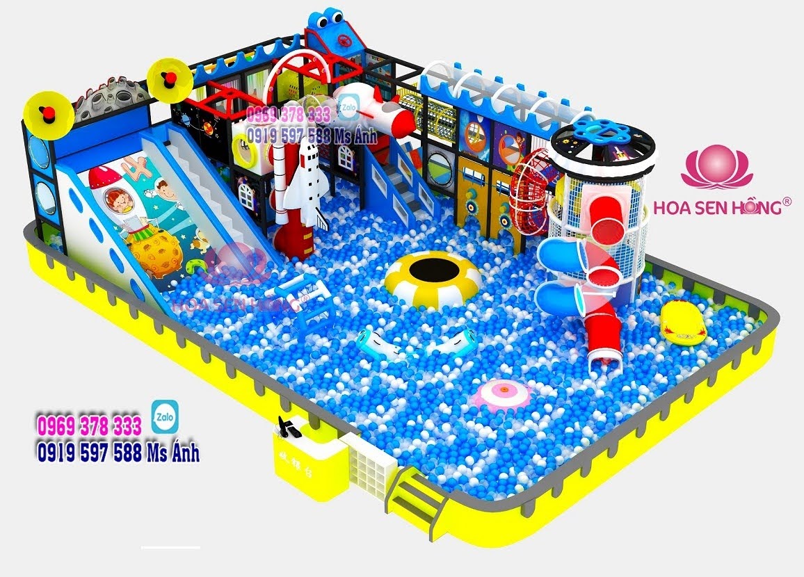 Thiết kế khu bể bóng đại dương diện tích 120m vuông (10x12m).
Khu vui chơi được thiết kế 3 tầng theo chủ đề không gian vũ trụ
